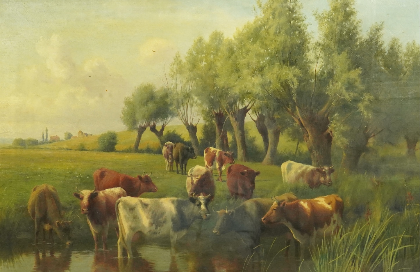 William Sidney Cooper (English, 1854-1927), Cattle watering, willow trees beyond, oil on canvas, 49 x 75cm